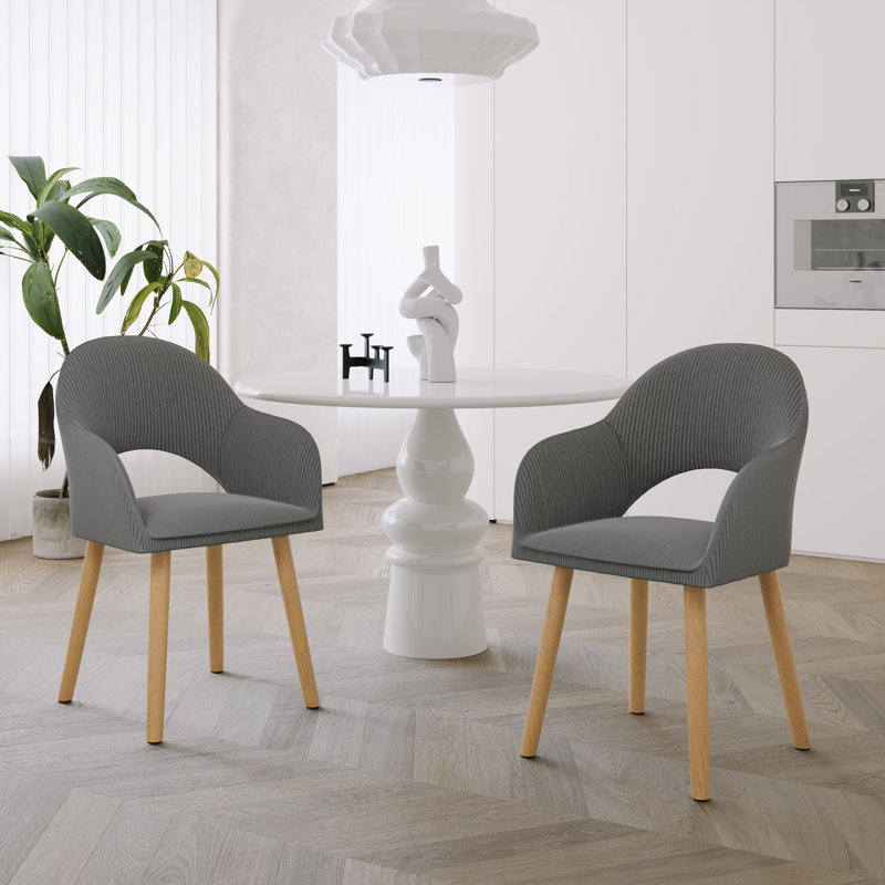 49.5cm H Luxury Fabric Upholstered Dining Chair with Wooden Legs, Dark Grey Corduroy/Natural, 2