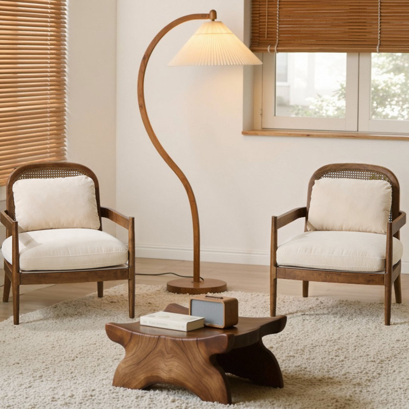 2PCS Mid-Century Modern Accent Chair - Solid Wood Armchair with Rattan Backrest and Cushion, Beige Stripe