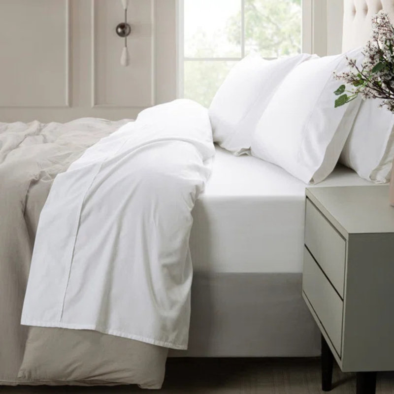 Loomsnest 100% Long Staple Cotton 400 Thread Count Sateen Sheet Set, Wrinkle Resistant, Deep Pocket, Fits up to 18", King, White