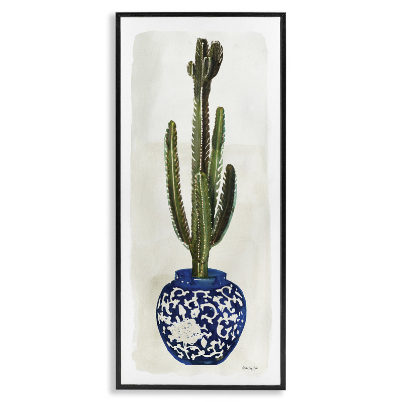 Cactus dans un vase orné de plantes bleues, Giclée encadrée noir minuit, H 24 po x l 10 po