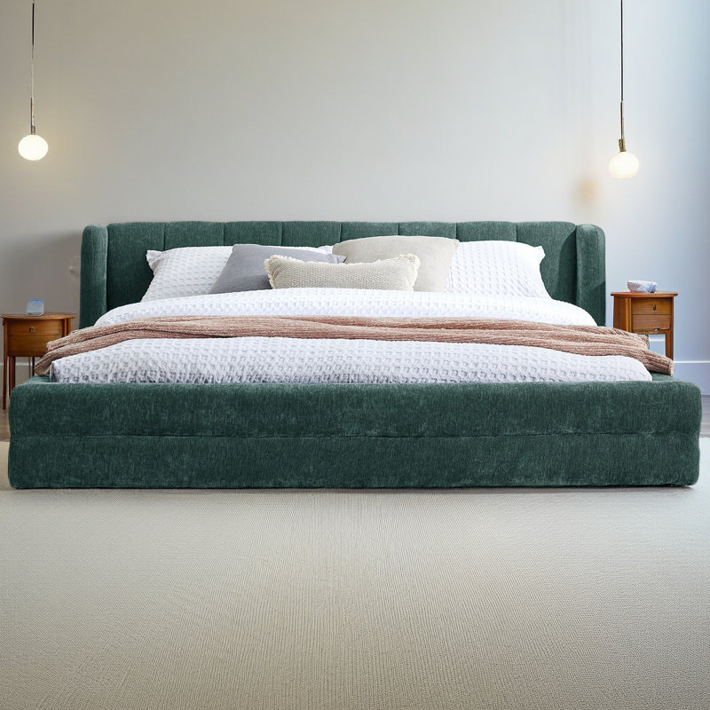 Structure de lit tapissier grand format avec tissu épais, lit plateforme grand format en chenille avec tête de lit et structure solide