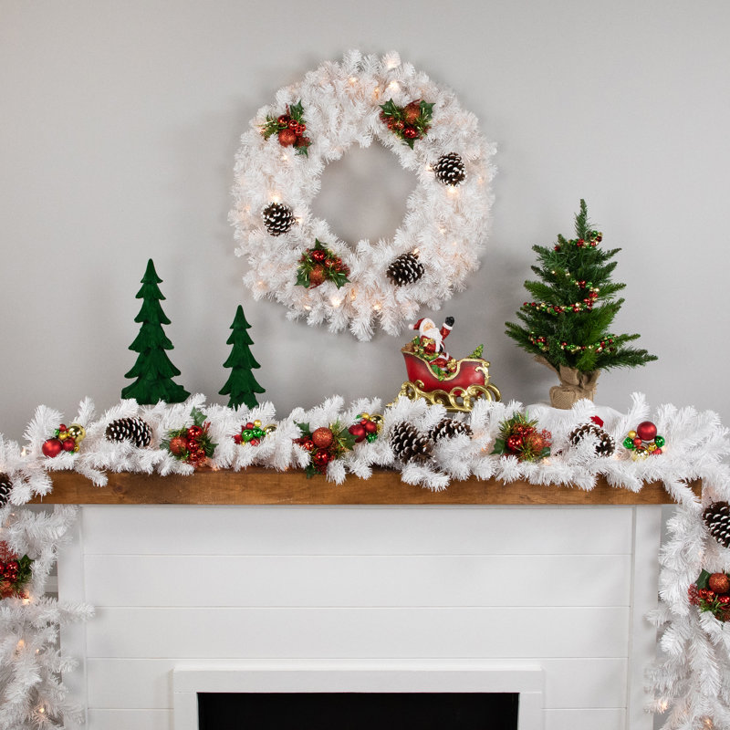 Couronne de Noël artificielle pré-éclairée blanc neige - 24 pouces lumières claires
