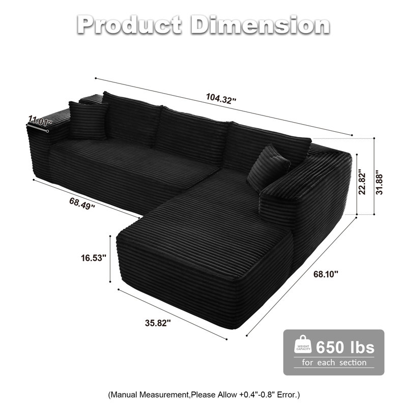 Canapé-lit 2 pièces avec coussin Kessas, Velours côtelé noir plus, Orienté à droite
