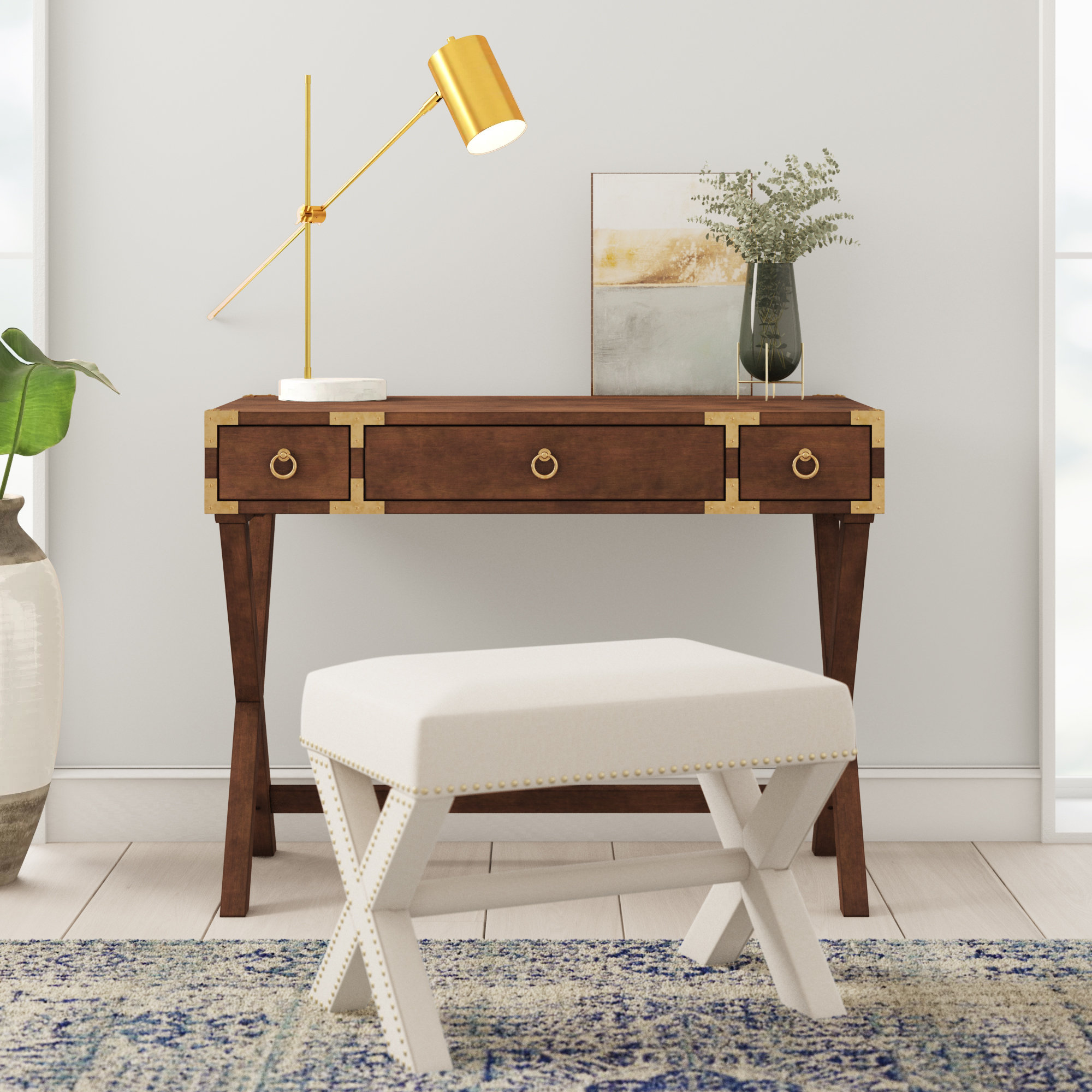 Aerilyn Wood 2-Drawer Desk with X-Base Legs, Brown