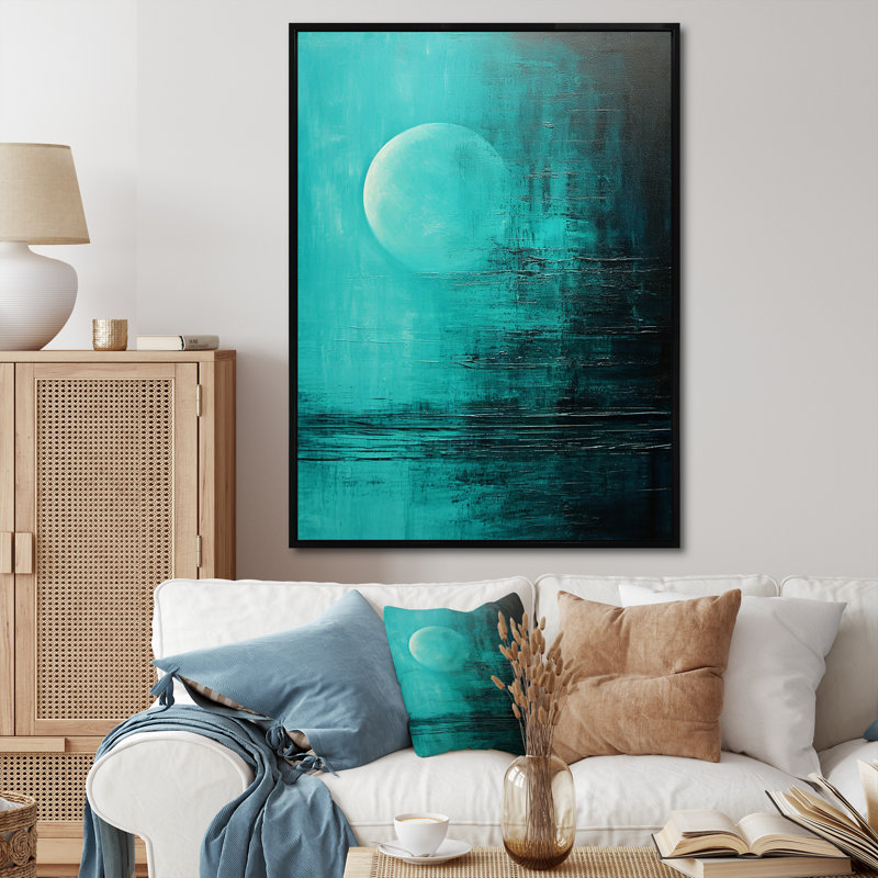 Bleu sarcelle lune tranquillité III, H 20 po x l 12 po x P 1 po, Cadre flottant noir
