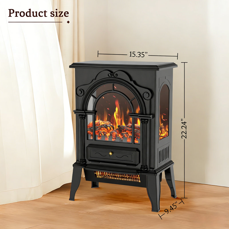 180° Panoramic 3-Sided Glass Retro Electric Fireplace Stove, 1500W, 15.4"D * 9.5"W * 22"H Compact Space Heater