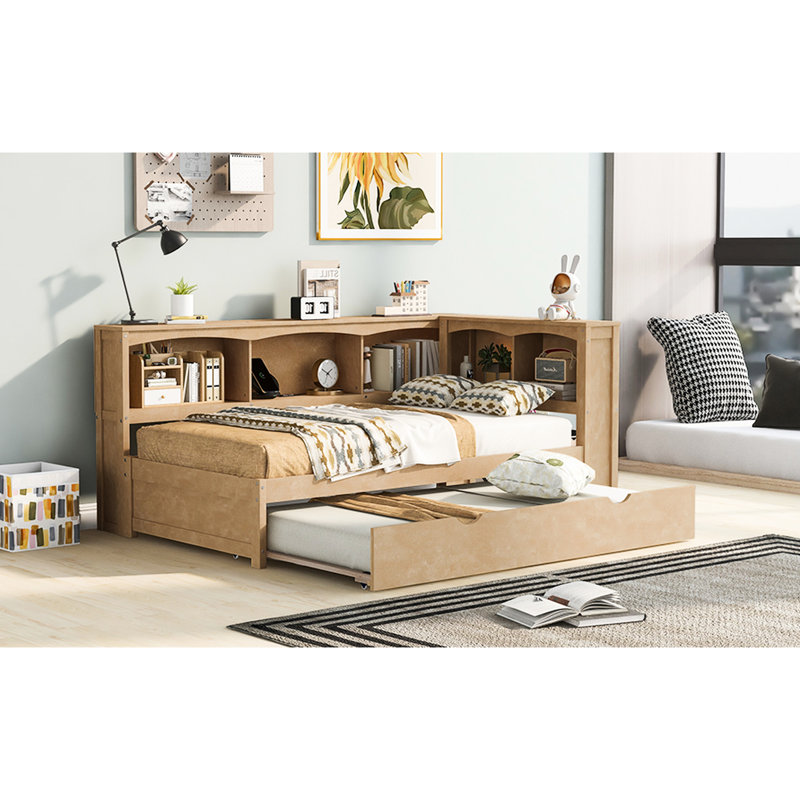 Lit de jour simple avec lit gigogne et rangement - Bois massif pour un matériau de charge durable, Naturel