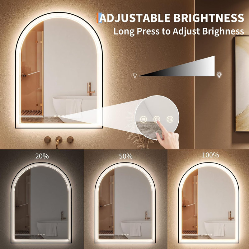 Arched LED Bathroom Mirrors with Anti-Fog, with Frontlit and Backlit Dimmable LED Mirror for Bathroom, 3 Color Temperature Bathroom Mirror, Hanging or Leaning