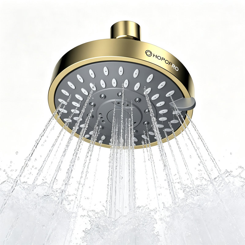 Pommeau de douche haute pression – Pommeau de douche fixe à 5 jets, débit élevé recommandé (10 cm), Doré