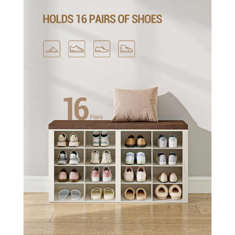 Shoe Storage Bench with Padded Seat, Shoe Rack Bench with 16 Open Compartments, Adjustable Shelves, Shoes Cabinet with Cushion for Hallway, Living Room, Bedroom, Entryway 