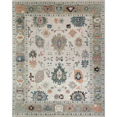 Tapis d'intérieur en laine noué à la main Kula Oushak de couleur ivoire / crème / vert