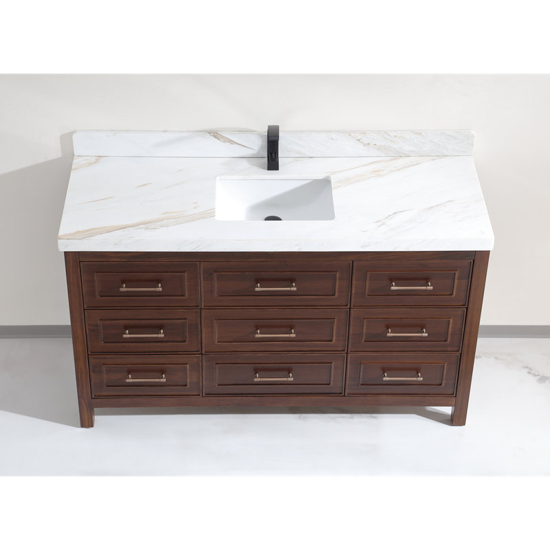 60" EBONY SINGLE SINK VANITY DARK FINISH WITH WK-60S TOP 2" THICK WHITE NATURAL TOP, Brown, White