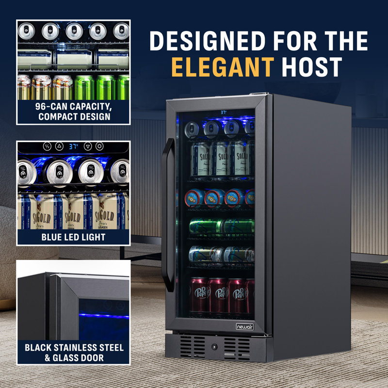 Newair 15" Built-in 96 Can Beverage Fridge in Stainless Steel with Precision Temperature Controls, Black Stainless Steel