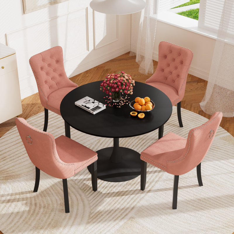 5-Piece Modern Dining Set: 42.1" Marble-Look MDF Table & 4 Velvet Upholstered Chairs, Noir, noir, noir, noir, Rose