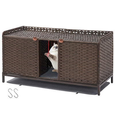 Meuble pour chat avec bac à litière dissimulé en rotin, double pièce, tapis de litière amovible, balle et 2 crochets. Maison pour chat naturelle avec table d'appoint. Montage facile. Dimensions : 120 cm (L) x 50 cm (l) x 60 cm (H).