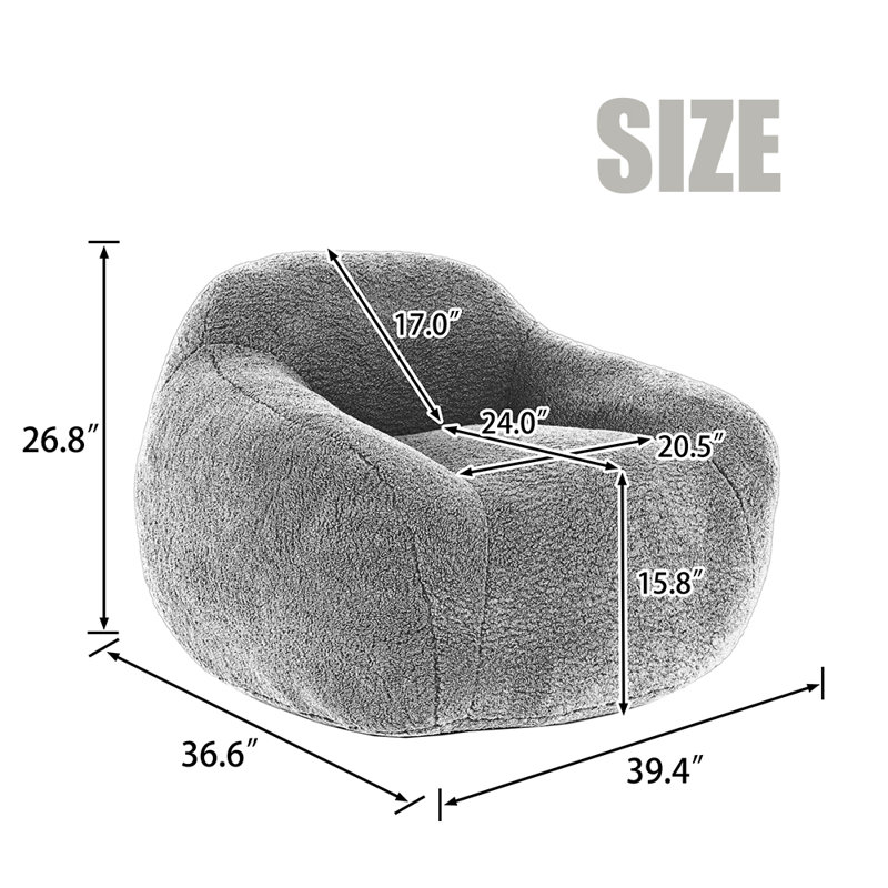 Round Bean Bag Chair, Plush Memory Foam Lounge Chair with Back and Arm Support, Light Gray Teddy