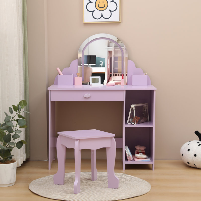 Kids Vanity Table with Mirror and Lights, Wooden Makeup Vanity Desk with Stool, Drawer, Shelves & Cubbies, Princess Dressing Table