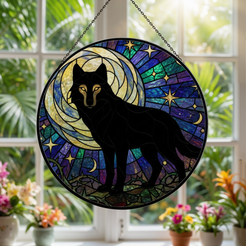 Panneau de vitrail 12 "H Wolf Moon, H 12 po x l 12 po 