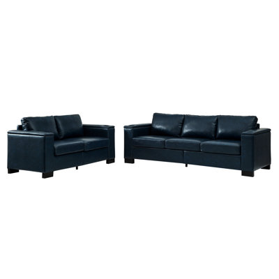 Two Pieces 2+3 Seater Navy Blue With Square Arm, Cup Holder And Multi - Function Storage, Comfortable Spring Foam Cushions, Solid Wood Frame Legs, Breathable Pu Upholstery, Removable Cushion Covers