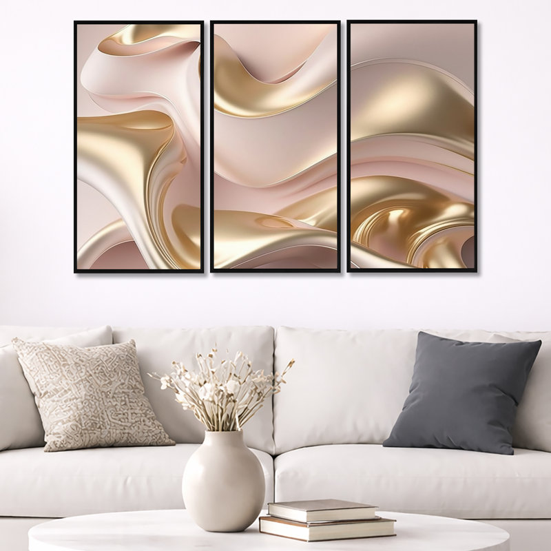 Subtile sophistication en rose exquis et or VI - 3 pièces sur toile, Cadre flottant noir, H 28 po x l 36 po