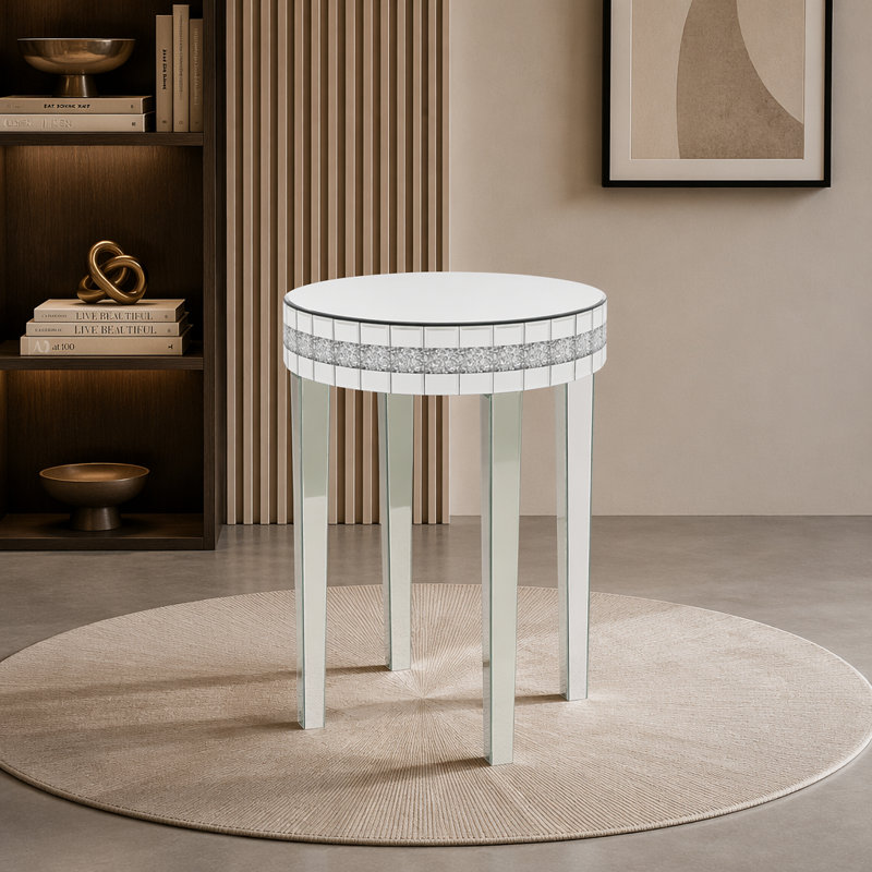 Table d'appoint ronde à miroir, avec plateau en verre miroir argenté avec cadre à bords en diamant écrasé Bling et pieds en cristal. Table de bout pour salon, chambre à coucher, café, entrée, 9,7 po de diamètre x 28,33 po