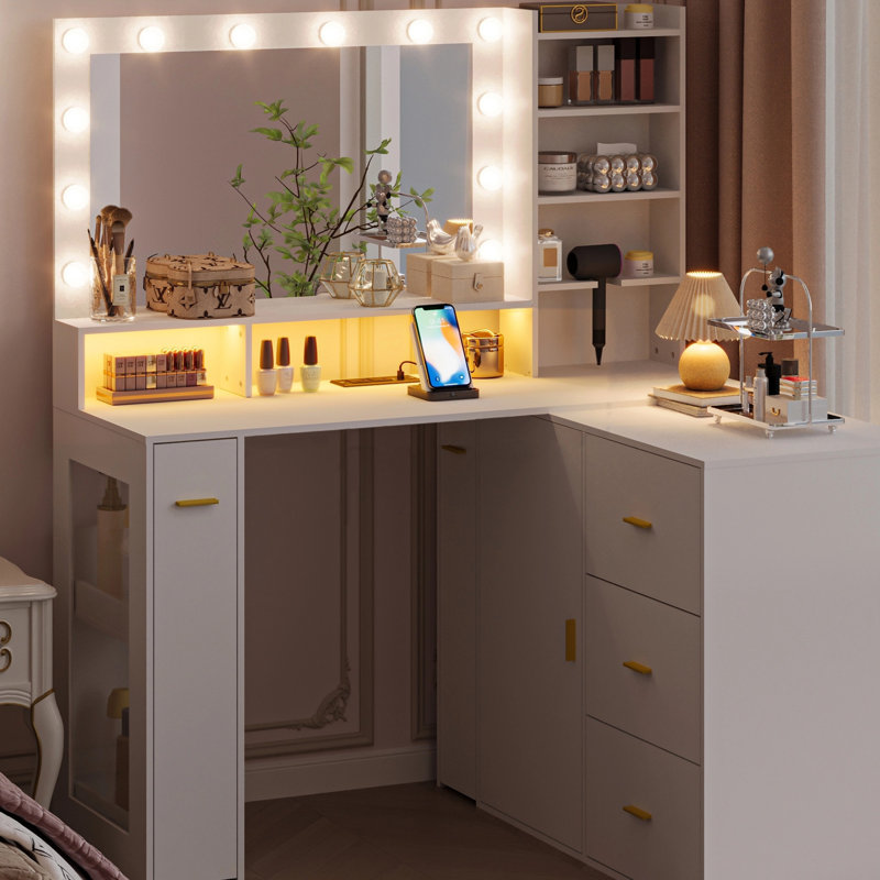 Bureau de maquillage avec miroir lumineux et station de charge, meuble-lavabo de coin, forme de L