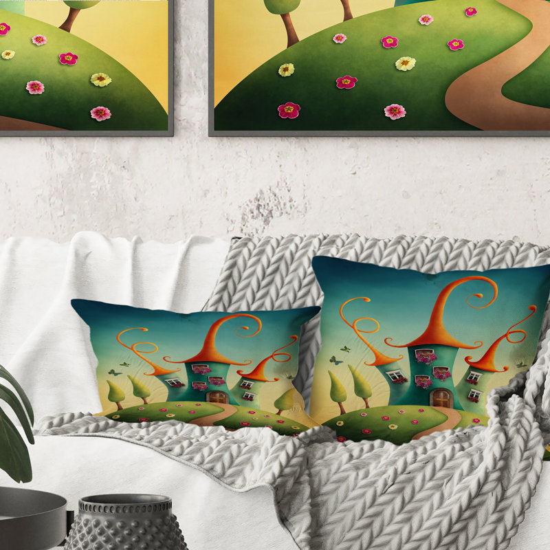 Coussin décoratif bleu fantaisie avec toits rouges - fantaisie, 16 po x 16 po