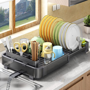 CozyBlock Aluminum 2-tier Dish Drying Rack with Utensil & Wooden