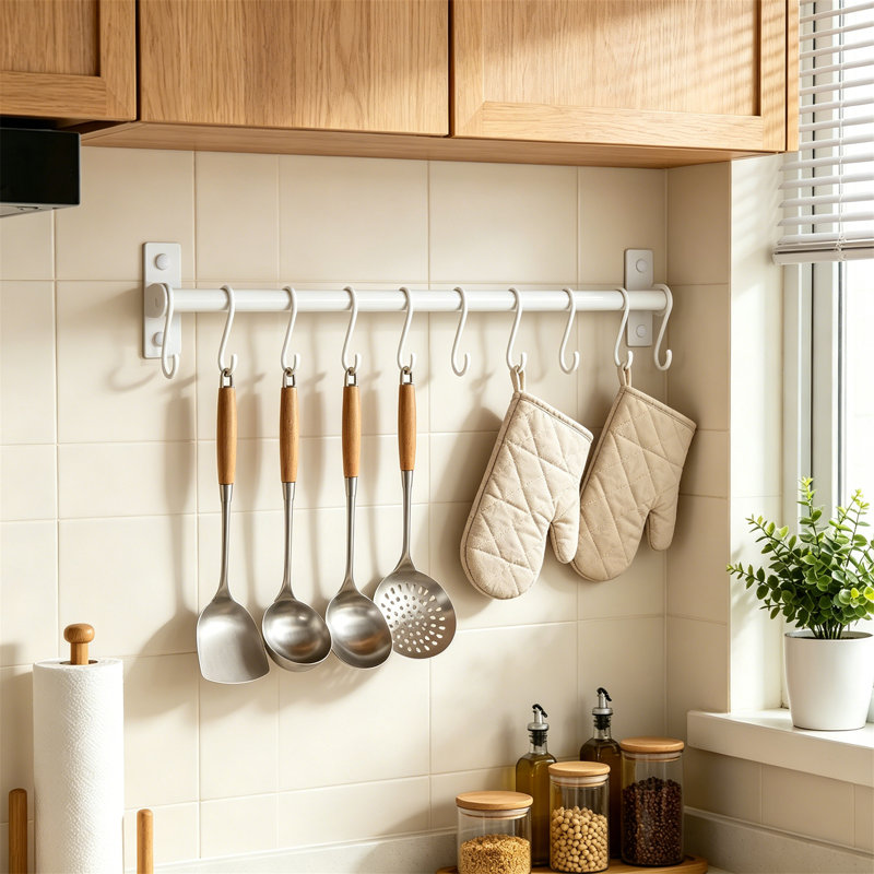 Ensemble de 2 ustensiles de cuisine muraux blancs avec 8 crochets pour casseroles, poêles, cuillères et tasses