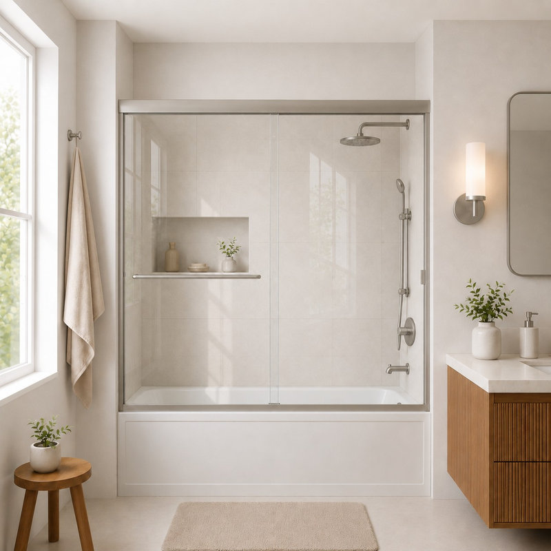 Breeze 60 in. W x 56 in. H Sliding Semi Frameless Tub Door in Brushed Nickel Finish with Clear Glass, Brushed Nickel