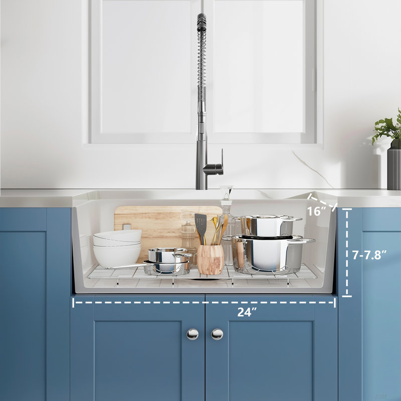 24 Inch White Fireclay Farmhouse Sink-24x 16 White Farm Sink for Small Kitchen and Laundry, Apron Front Porcelain Ceramic Sink Single Basin with Bottom Grid and Strainer Unique Design