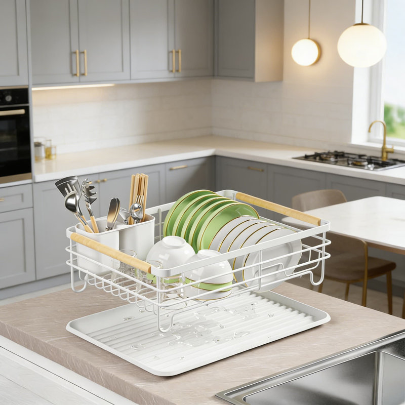 Égouttoir à vaisselle pour comptoir de cuisine - poignées en bois, métal durable, sans assemblage, petit, blanc