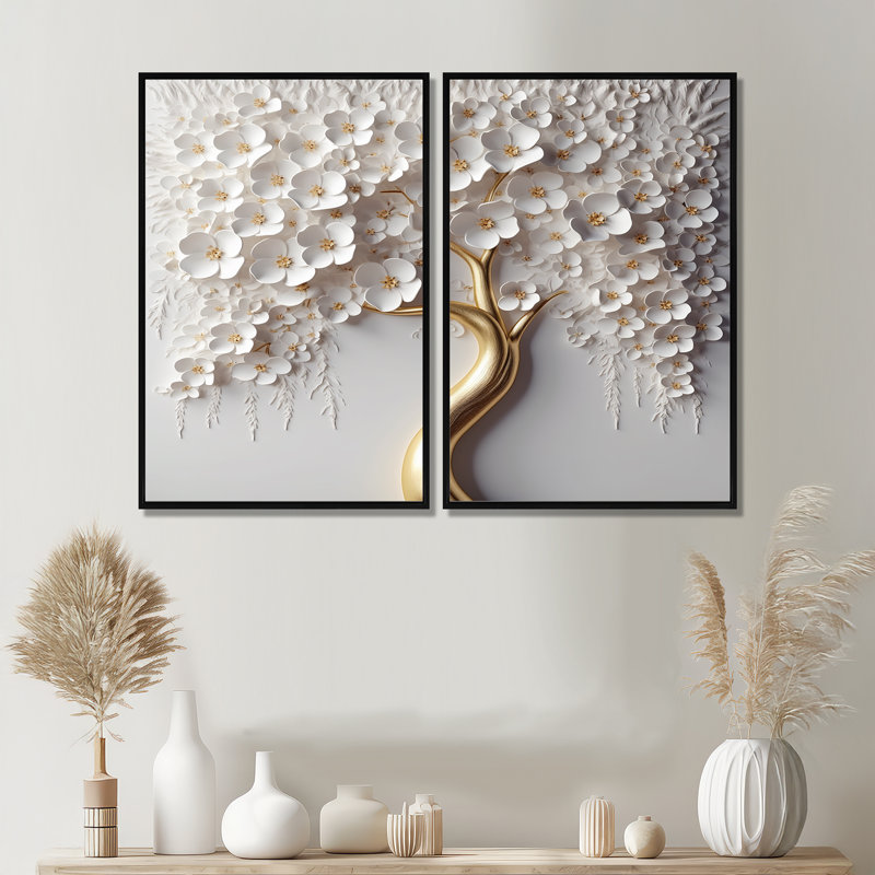 Orchidée blanche jardin de branches - impression d'art mural floral moderne (sans texture) de 2, Noir, H 36 po x l 48 po