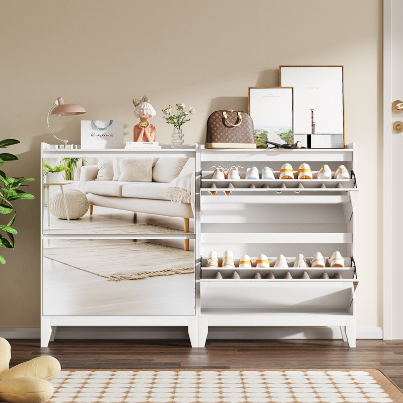 Mirrored Shoe Storage Cabinet With 2 Flip Drawers, White