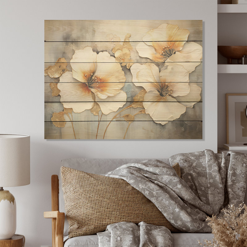 Élégants pétales blancs et gris - Art sur bois de pin naturel, H 30 po x l 40 po