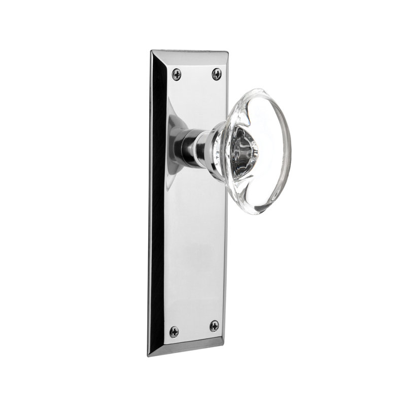 New York Plate with Oval Clear Crystal Door Knob, Bright Chrome