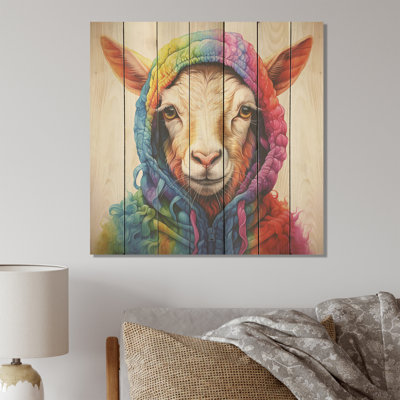 Colorful Knitted Jumper Goat Portrait - Goat Animal On Wood Print