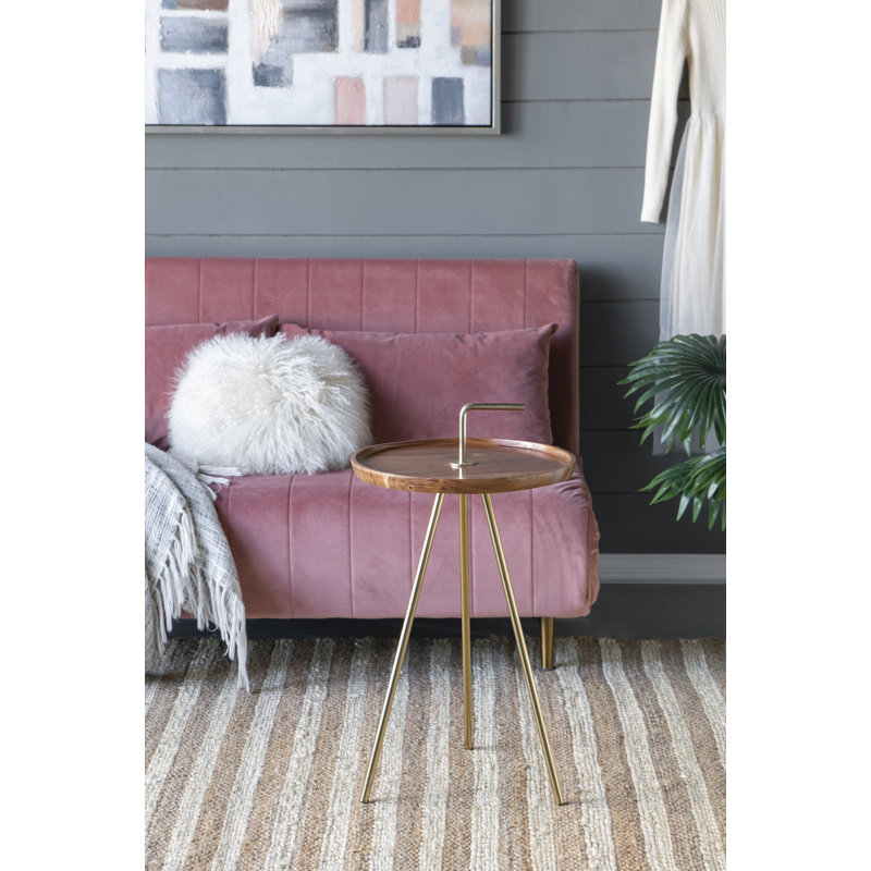 Table d'appoint en bois d'acacia avec pieds en acier à trépied, brun / or, 16 po x 23,5 po