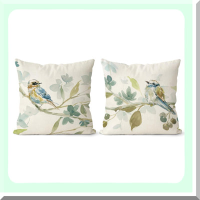 Fall Farmhouse Birds Linen Pillow Covers - Set of 2 Decorative Cushion Cases with Leaves Print in Green for Living Room & Bedroom, Outdoor Couch Home Decor