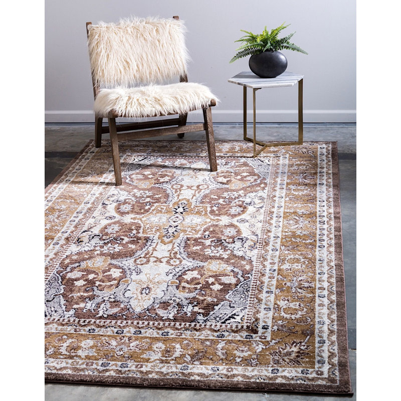 Tapis brun à motif oriental Kasha, Rectangle 5 pi x 8 pi