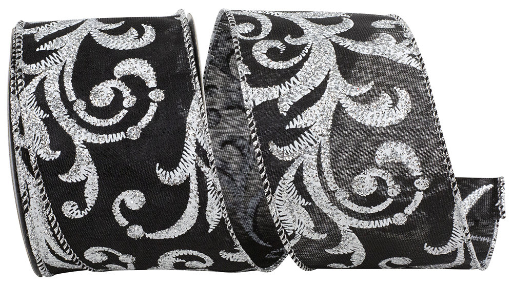 The Holiday Aisle® Scroll Filigree Glitter Iridescent Satin Wired Edge ...