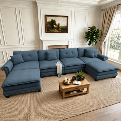 158" Modular Sectional Sofa With Nailhead Trim, Oversized U Shaped Couches With Ottomans, 6-seater Deep Seat Sofa With Throw Pillow
