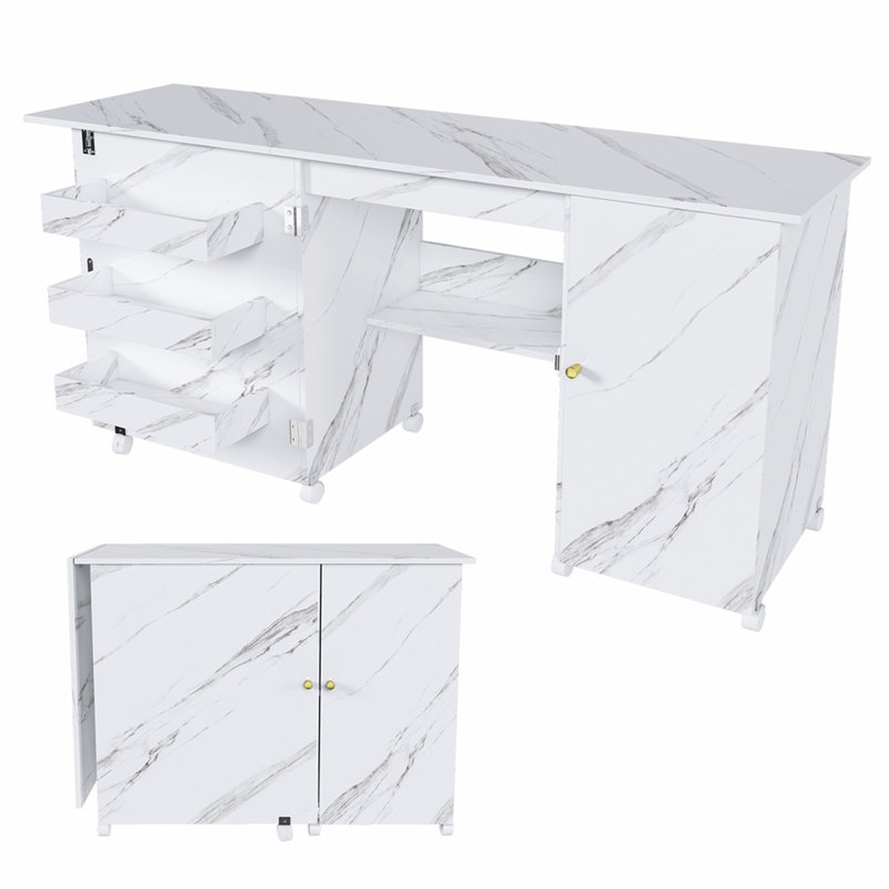 Table de machine à coudre pliable de 146 cm avec roulettes verrouillables, station de loisirs créatifs à rangement multiple avec étagères, bacs et armoire, meuble de couture réglable pour la maison, la chambre et l'atelier de loisirs créatifs (blanc)