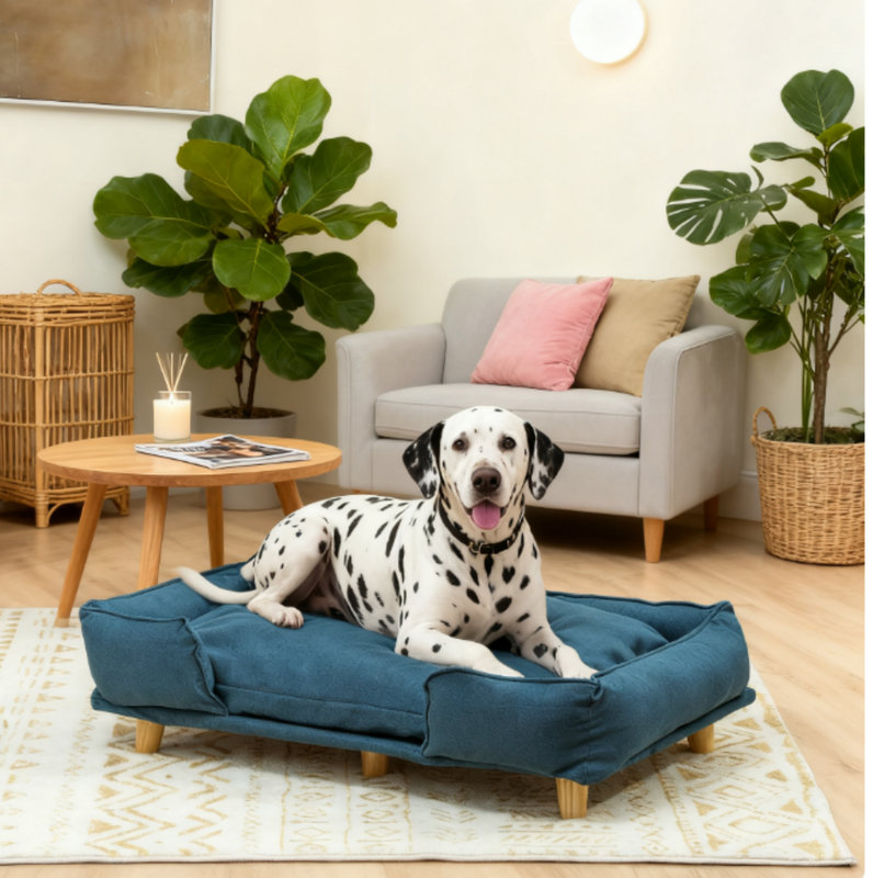 Canapé surélevé pour animaux de compagnie avec coussin confortable, pieds en bois de pin, bleu foncé