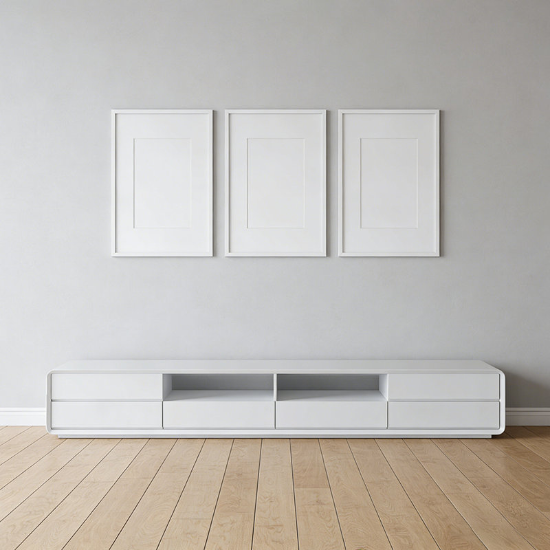 Meuble télé avec rangement minimaliste, Blanc, H 14,96 po x L 78,74 po x P 15,74 po
