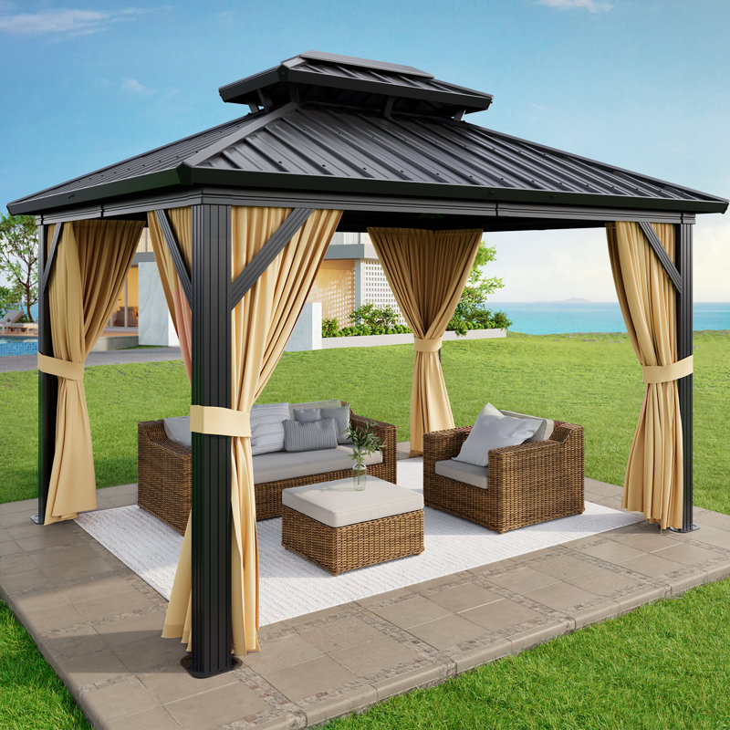 Pavillon de jardin permanent à structure rigide en aluminium 12 pi x 10 pi avec filet et rideaux