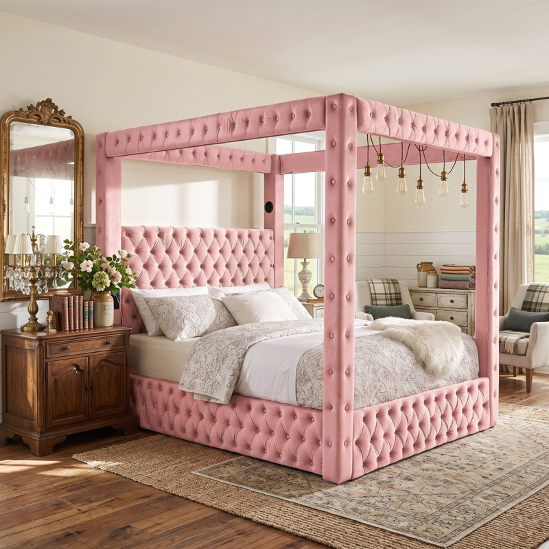 Cadre de lit à baldaquin UNAROSA Queen avec tête de lit en velours, haut-parleurs Bluetooth et ports USB, Rose