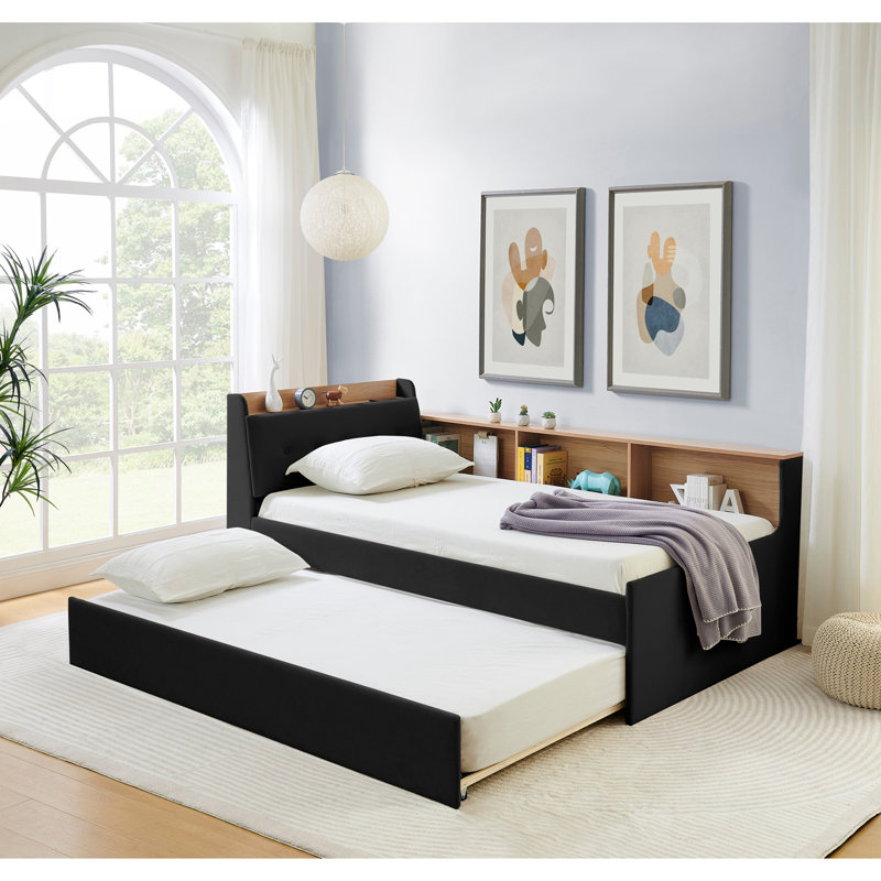 Twin Size Upholstery Velvet Height Adjustable Day Bed With Storage Headboard And Wireless Charging, Multi-Functional Daybed With Trundle Bed & LED Lights, Black