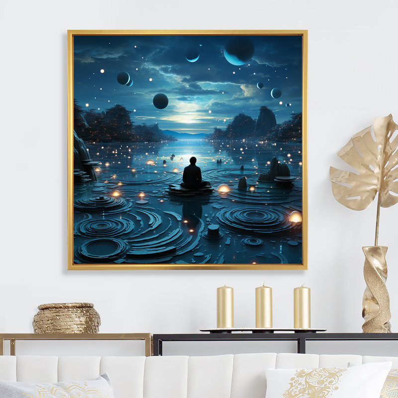 Bleu intérieur méditation, Cadre flottant doré, H 30 po x l 30 po x P 1 po