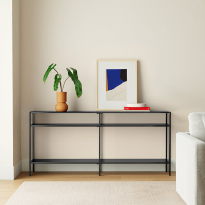 64" Wide Console Table with 2-Tier Open Shelving — Blackened Bronze Modern Metal Entryway Table for Living Room or Hallway | Ceno